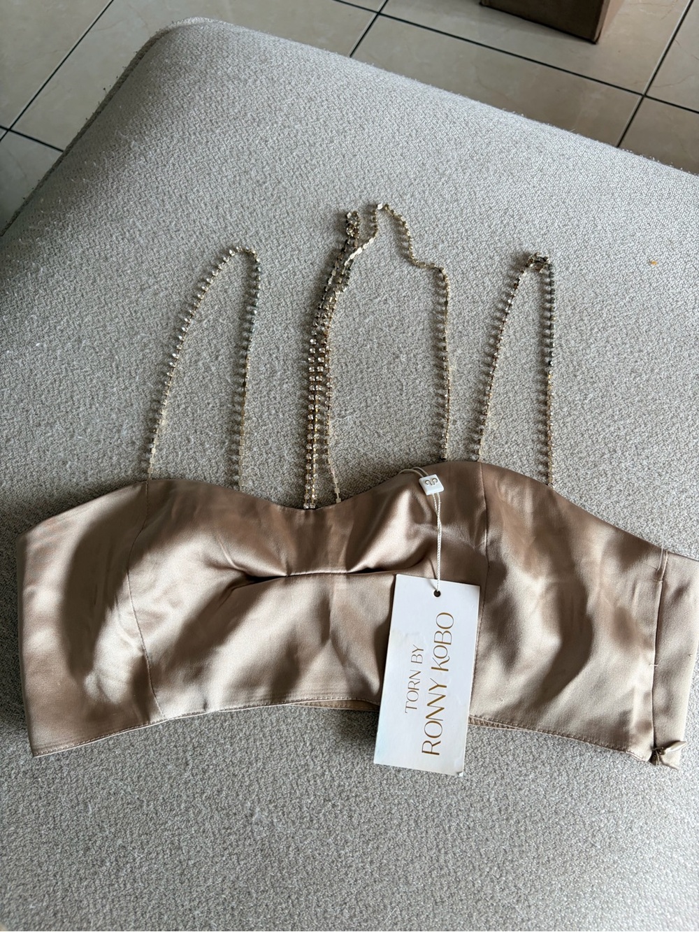 NWT Torn by Ronny Kobo Champagne Satin Rhinestone Bow Crop Top - XS / Small Fram - Picture 5 of 6